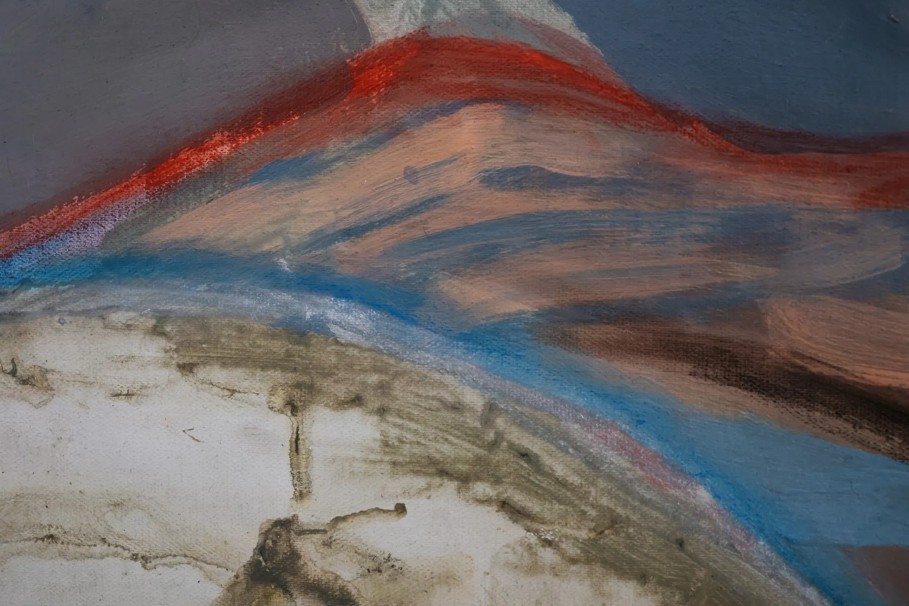 Detail of the painted landscape: red ridge over blue